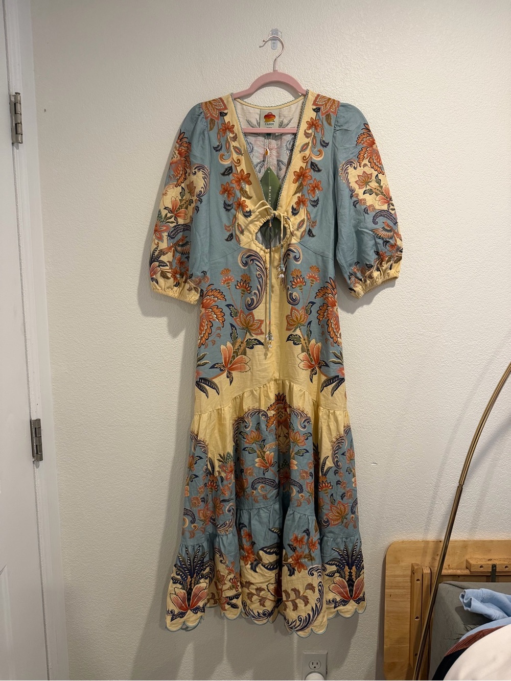 NWT Farm Rio Floral Bird Print Maxi Dress Blue Yellow Size S
